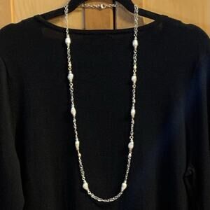 14K Gold, Sterling Silver, Baroque Pearl & Diamond 38 In. Station Necklace by DP